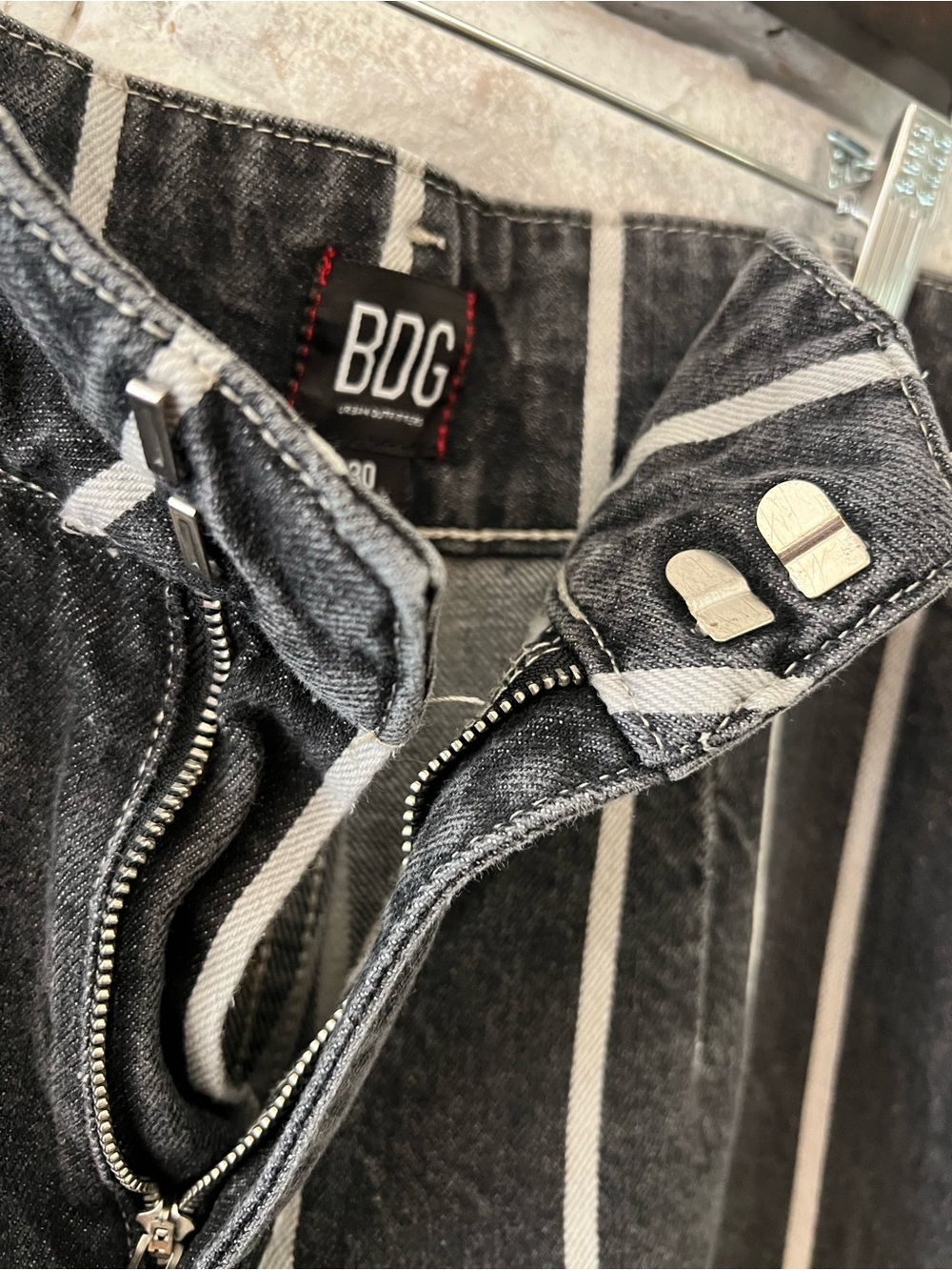 BDG Black High Waisted Cropped Jeans with White Vertical Stripes - Picture 7 of 13